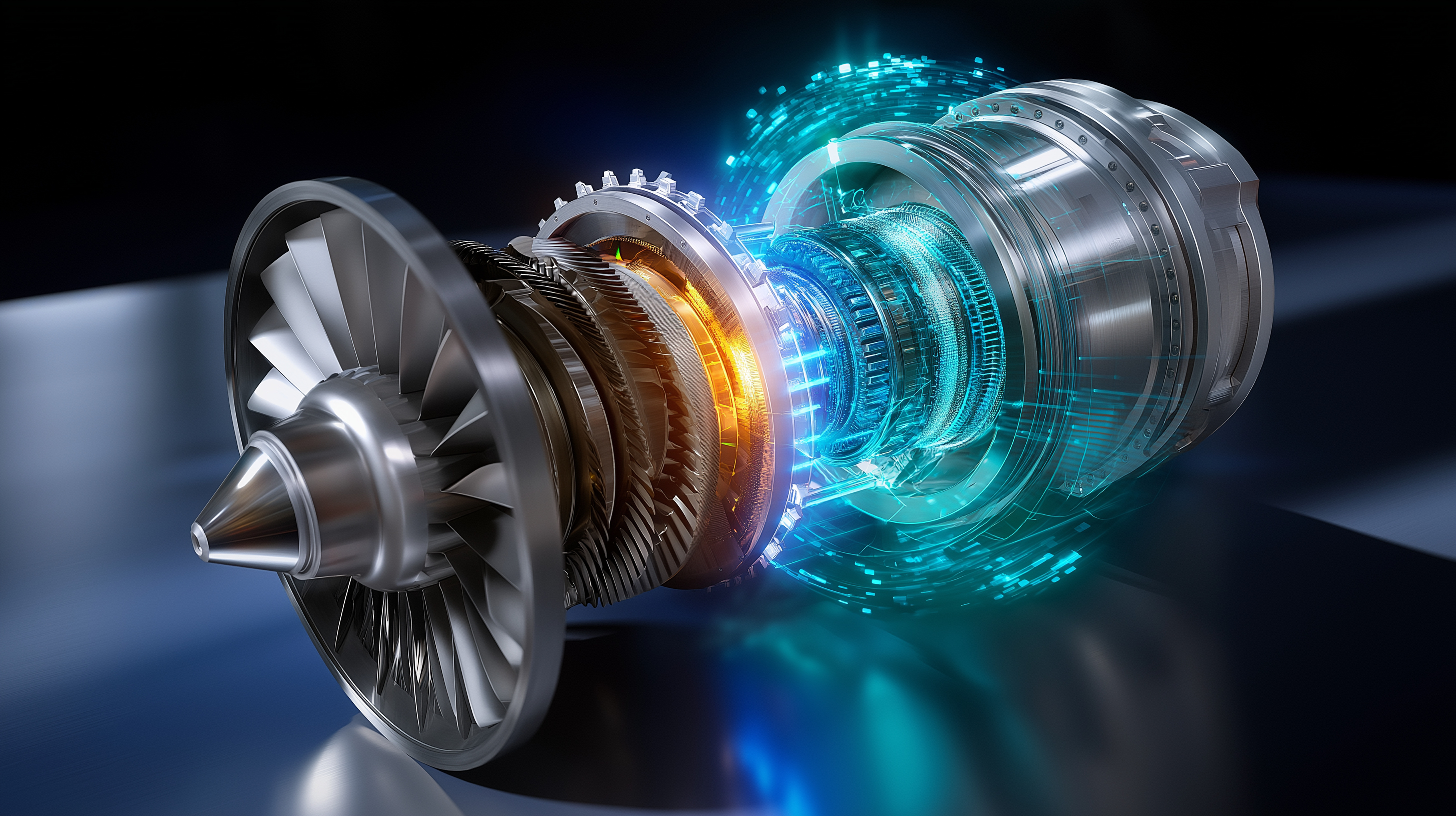 Gas turbine engine split in half: one side metallic physical structure, the other glowing digital twin in holographic blue-green light.