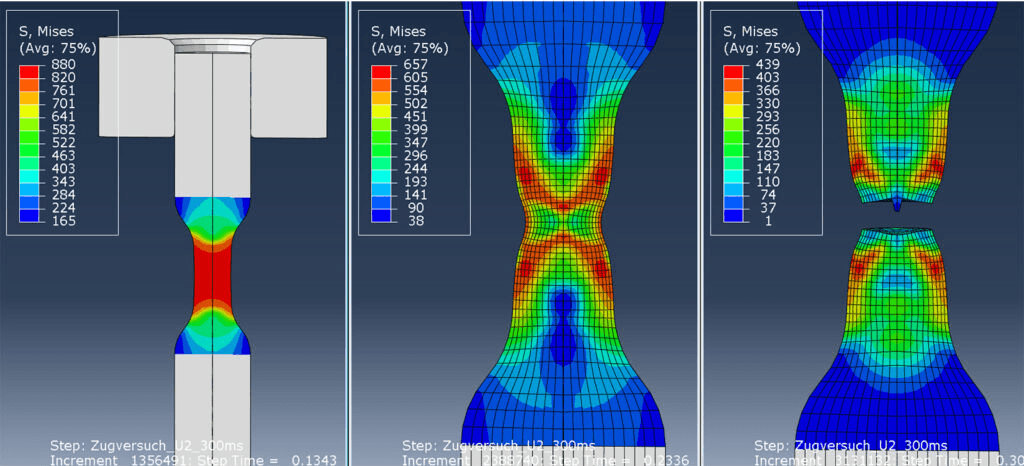 Ergebnis: Zugversuch mit duktiler Schädigung; Einschnürung (Mitte) und Reißen (rechts) Ergebnis: Zugversuch mit duktiler Schädigung; Einschnürung (Mitte) und Reißen (rechts)
