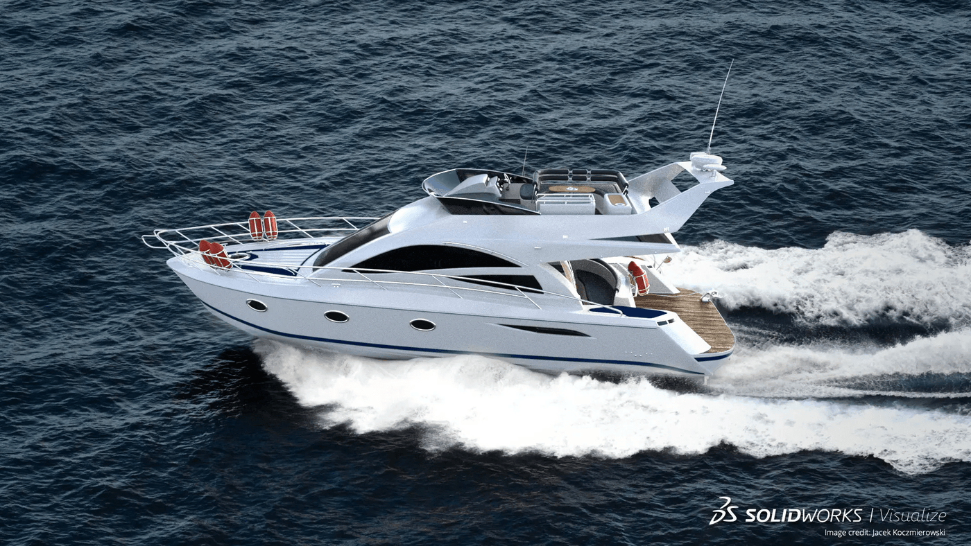 Motorboot mit SOLIDWORKS Visualize gerendert.-min