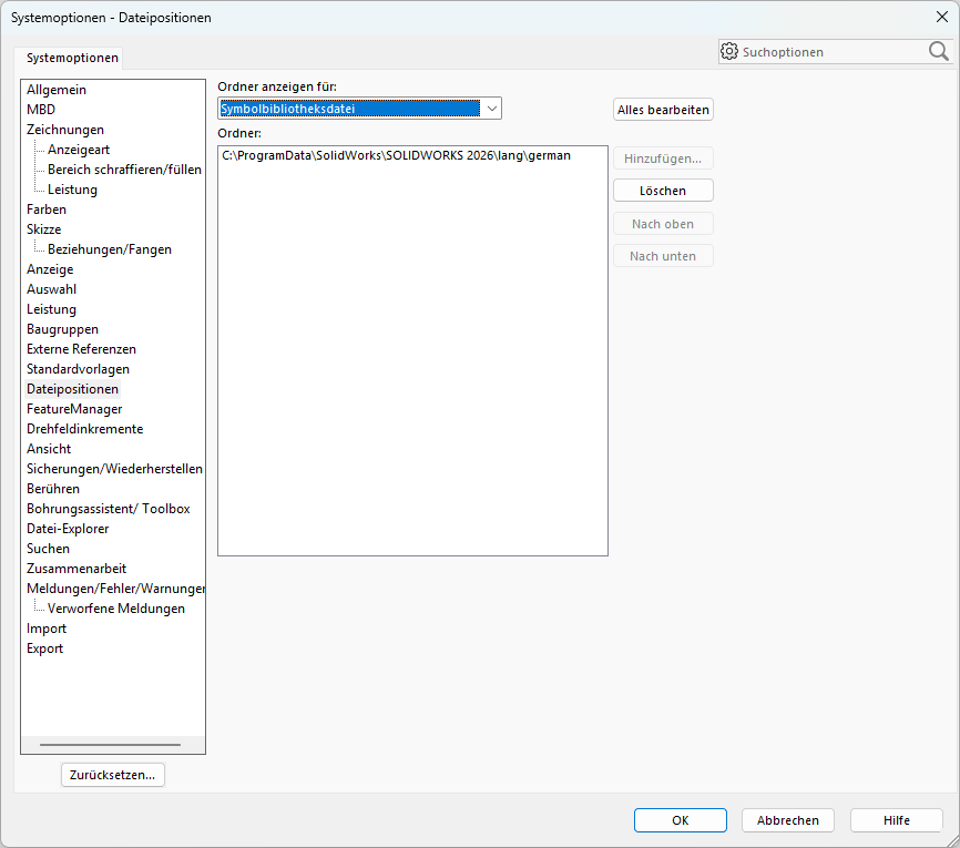 SOLIDWORKS-Symbolbibliothek-Dateipfad