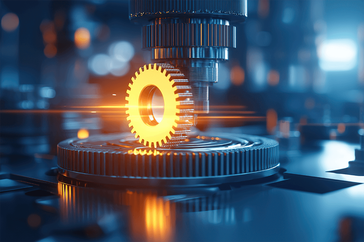 cnc-fertigung-optimieren Leuchtendes Zahnrad wird von hochmodernen Maschinen in einer Hightech-Industrieumgebung verarbeitet