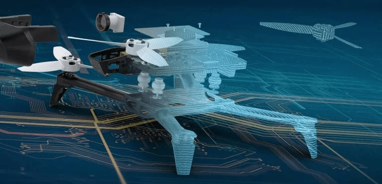 Drohne Aufbau SOLIDWORKS Rotoren Konstruktionsansicht einer Drohne mit Rotoren in SOLIDWORKS