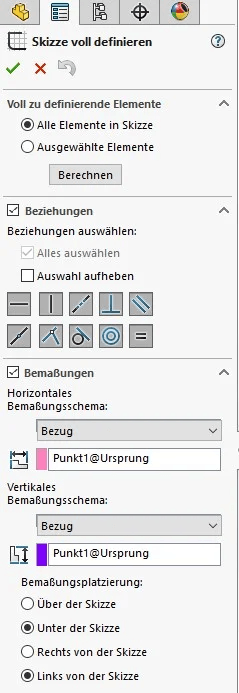 Abbildung der Einstellungen im Property Manager von SOLIDWORKS
