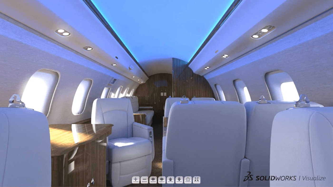 Virtueller Rundgang: Flugzeug in SOLIDWORKS Visualize Virtueller 3D-Rundgang eines Flugzeugs erstellt mit SOLIDWORKS Visualize