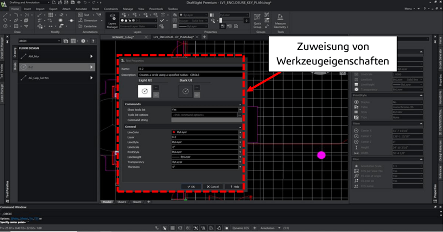 Zuweisung von Werkzeugeigenschaften DraftSight Werkzeugeigenschaften in DraftSight zuweisen